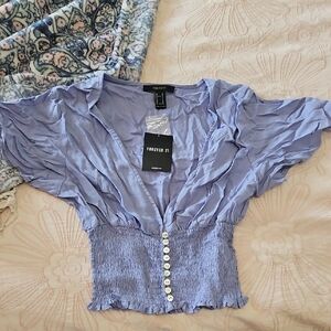 Forever 21 Light Purple Smocked Button-Front Crop Blouse